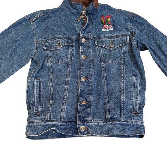 Vintage 90s Kellogg’s Corn Flakes Embroidered Denim Jacket Leather Collar Size S - Picture 3 of 11